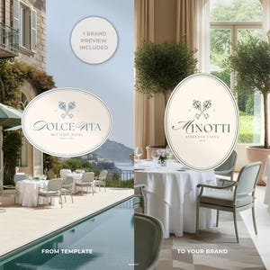 A split-screen brand preview page. On one side, the included brand preview featuring the logo in an aesthetic luxury image; on the other, the same logo adapted for a luxurious italian restaurant. Demonstrates how easily the kit transitions “From template to your brand.” Copy: “1 brand preview included.