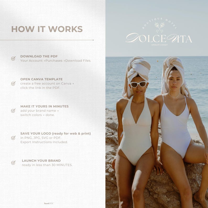 Split-screen guide showing the simple logo customization process. One side explains: download PDF, open Canva template, edit text, fonts, and colors, then export in multiple formats. The other side features an aesthetic image displaying one logo variation from the kit for inspiration.