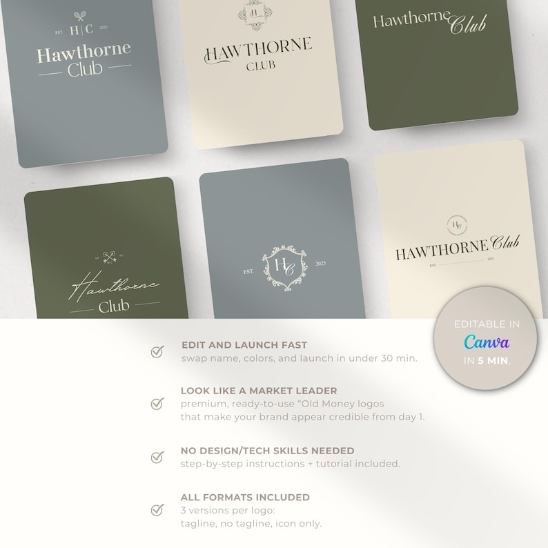 Aesthetic background in beige, gray, and green with text highlighting that all logos come in 3 versions and can be edited fast. Step-by-step instructions and tutorial included. Badge reads ‘Editable in Canva in 5 Minutes’. Emphasizes no design skills required and ready-to-use Old money logos that make your brand look credible from day one.
