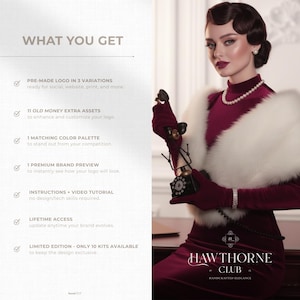 Split-screen showcasing the “What You Get” section: 3 logo variations, 10 old money assets, instructions + tutorial, 1 matching palette, 1 brand preview, lifetime access, and exclusivity. On the other side, an aesthetic photo old money-style inspired of a woman holding a phone with one logo version integrated.