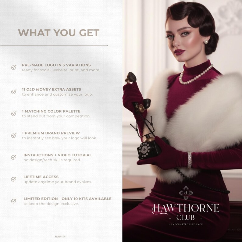 Split-screen showcasing the “What You Get” section: 3 logo variations, 10 old money assets, instructions + tutorial, 1 matching palette, 1 brand preview, lifetime access, and exclusivity. On the other side, an aesthetic photo old money-style inspired of a woman holding a phone with one logo version integrated.