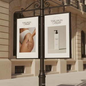 An aesthetic street mockup in quiet luxury style. Premium, aesthetic panels displaying all three versions of the included logo — main, tagline, and icon — seamlessly integrated to highlight how the logos can be applied across physical products.