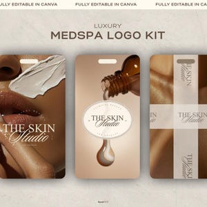 Aesthetic luxury holistic coach inspired mockup featuring a beige texture background, overlaid with 3 phone mockups showing aesthetic medspa and beauty-inspired brown and beige photos with all three logo versions included in the kit to show real life application. Premium, bold and aesthetic. Copy reads “Luxury Medspa Logo Kit”, “Fully Editable In Canva”.