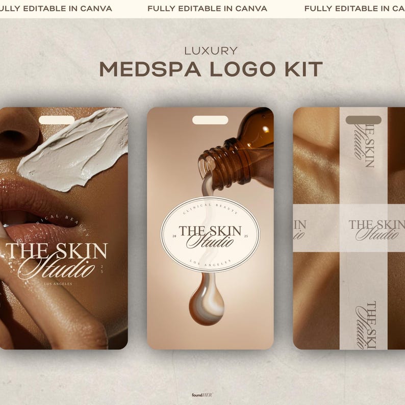 Aesthetic luxury holistic coach inspired mockup featuring a beige texture background, overlaid with 3 phone mockups showing aesthetic medspa and beauty-inspired brown and beige photos with all three logo versions included in the kit to show real life application. Premium, bold and aesthetic. Copy reads “Luxury Medspa Logo Kit”, “Fully Editable In Canva”.