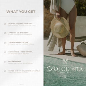 Split-screen showcasing the “What You Get” section: 3 logo variations, instructions + tutorial, 1 matching palette, 1 brand preview, lifetime access, and exclusivity. On the other side, an aesthetic image quiet luxury-style inspired showcasing one logo variation from the kit.