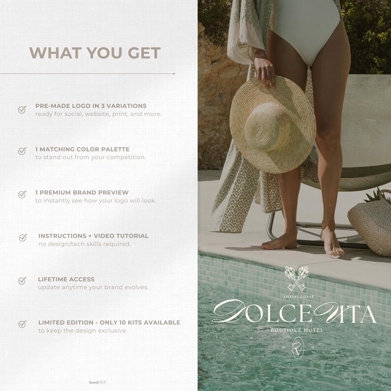 Split-screen showcasing the “What You Get” section: 3 logo variations, instructions + tutorial, 1 matching palette, 1 brand preview, lifetime access, and exclusivity. On the other side, an aesthetic image quiet luxury-style inspired showcasing one logo variation from the kit.