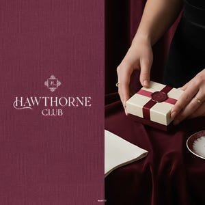 Split-screen display of logo applications. On the left, an embroidered version of the logo stitched into rich fabric, showcasing texture and refinement. On the right, a burgundy-toned packaging mockup with a wax seal stamped with the logo. Together, the visuals emphasize versatility and premium old money branding across digital and physical assets.