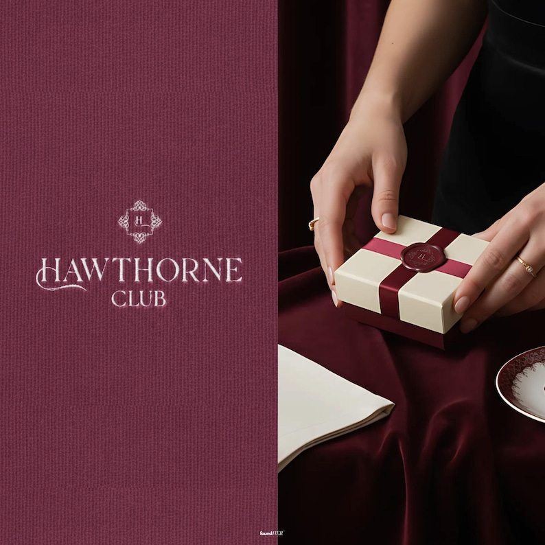 Split-screen display of logo applications. On the left, an embroidered version of the logo stitched into rich fabric, showcasing texture and refinement. On the right, a burgundy-toned packaging mockup with a wax seal stamped with the logo. Together, the visuals emphasize versatility and premium old money branding across digital and physical assets.