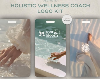 Holistic Wellness Coach Logo Kit | Hand Drawn Logo Icons | Holistic Business Pre Made Logo Canva | Light Blue Wellness Logo Design Boho