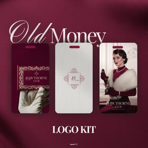 Elegant old money inspired mockup featuring a burgundy  background, overlaid with three old money-inspired phone mockups showing burgundy and cream aesthetic photos showcasing all three logo variations included in the kit. Premium, luxury branding visuals with timeless old money style. Copy reads “Old Money Logo Kit”.