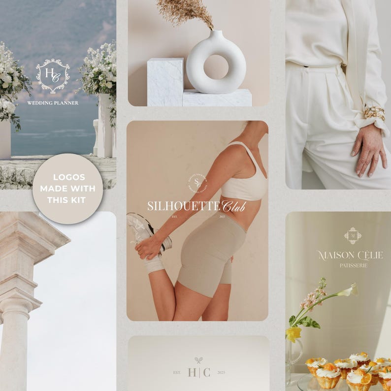 Displays three different brand mockups created using logos from the kit: pilates studio, wedding planner, bakery. Each brand features a clean, modern, and minimal aesthetic, demonstrating the kit’s versatility across diverse industries while maintaining a cohesive, professional look.