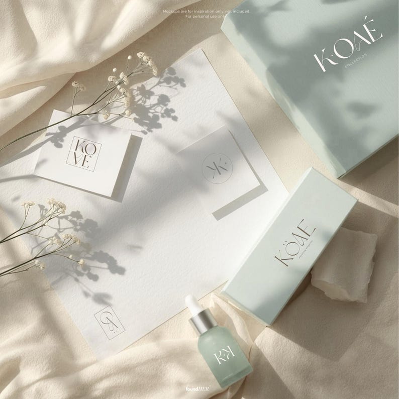 Aesthetic mockup on beige, gray, and soft aqua tones featuring skincare bottles, boxes, and envelopes styled with logos from the kit. Text clarifies ‘Mockups are for inspiration only, not included. For personal use only.’ Demonstrates potential brand applications and quiet luxury product presentation in a realistic photo style.