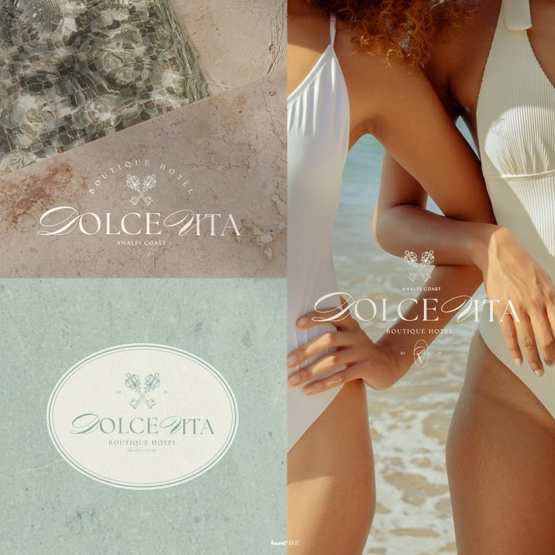 Split-screen display of logo applications. On the left a premium version of the logo adapted to a luxury boutique hotel. On the right, two aesthetic textures showcasing the two other logo variations included in the kit. Together, the visuals emphasize versatility and premium quiet luxury branding across digital and physical assets.