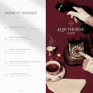 Split-screen guide showing the simple logo customization process. One side explains: download PDF, open Canva template, edit text, fonts, and colors, then export in multiple formats. The other side features an aesthetic old money scene with satin white gloves touching a phone, a coffee cup nearby, and one logo variation displayed in the center for inspiration.