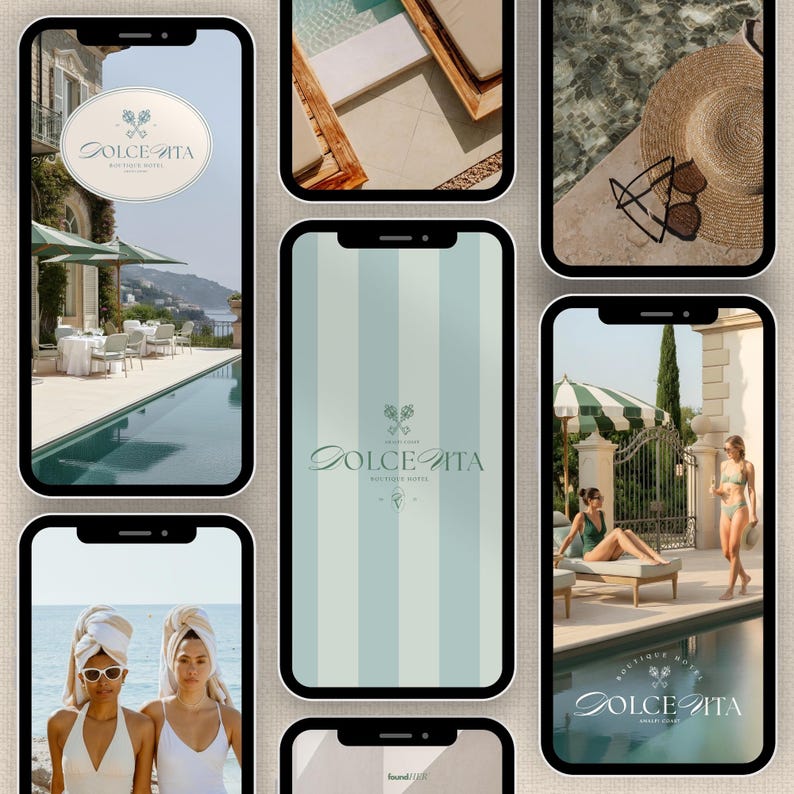 Seven quiet luxury-inspired phone mockups showing aesthetic photos with all the logo versions included in the kit to show real life application.