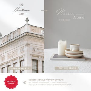 Split-screen showing customizable preview layouts: left side displays original logo from the kit, right side shows the same logo transformed with new colors and backgrounds for a different brand (e.g., Hawthorne Club to Maison Arome Home Decor). Badge reads ‘Exclusive Bonus’ and text says ‘From Template to Your Brand’, highlighting preview control before launch.