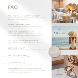 FAQ section answering common questions: works for any business, no design skills needed, logos editable forever, Old Money branding for premium credibility, full customization, no hidden costs, free Canva account, and multiple export formats (PNG, JPG, PDF, SVG). Includes examples of brands created with the kit and badge ‘Made With This Kit’.