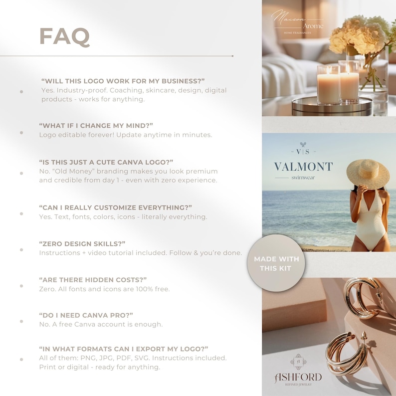 FAQ section answering common questions: works for any business, no design skills needed, logos editable forever, Old Money branding for premium credibility, full customization, no hidden costs, free Canva account, and multiple export formats (PNG, JPG, PDF, SVG). Includes examples of brands created with the kit and badge ‘Made With This Kit’.