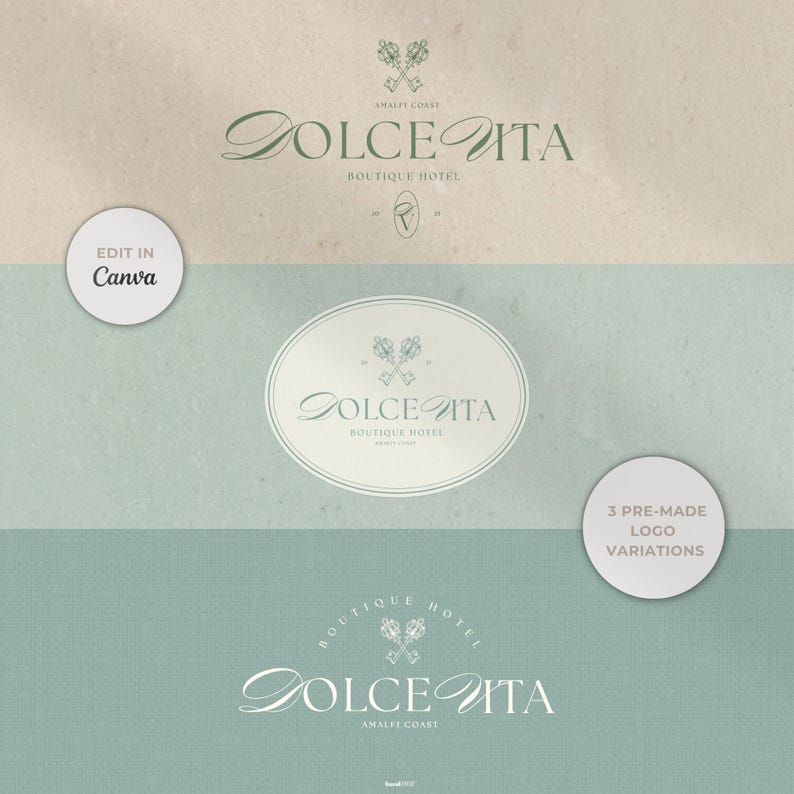 Three pre-made logo variations displayed on beige, light green and green quiet luxury inspired textured backgrounds. Includes a Main Logo, Logo with Tagline, and Icon Version. Each design reflects the luxury, elegant aesthetic, offering flexibility and refinement. The composition emphasizes elegance and premium branding ready for entrepreneurs seeking instant credibility.