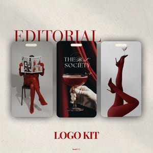 May include: A logo kit design featuring three stylized images. One shows a person in red attire reading a newspaper, another a cocktail, and the last, legs in red stockings and heels. The text "EDITORIAL" and "LOGO KIT" are displayed.