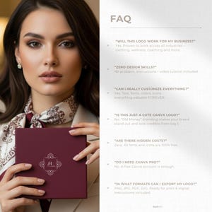 Split-screen layout. One side shows an aesthetic close-up of a woman holding a premium box with one logo version integrated.
 The other side features FAQs covering Canva Free compatibility, export formats (PNG, JPG, PDF, SVG), customization options, and reassurance that the kit is fully editable forever.