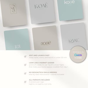 Aesthetic background in beige, gray, and soft aqua with text highlighting that all logos come in 3 versions and can be edited fast. Step-by-step instructions and tutorial included. Badge reads ‘Editable in Canva in 5 Minutes’. Emphasizes no design skills required and ready-to-use Quiet Luxury logos that make your brand look credible from day one.