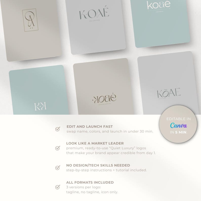 Aesthetic background in beige, gray, and soft aqua with text highlighting that all logos come in 3 versions and can be edited fast. Step-by-step instructions and tutorial included. Badge reads ‘Editable in Canva in 5 Minutes’. Emphasizes no design skills required and ready-to-use Quiet Luxury logos that make your brand look credible from day one.