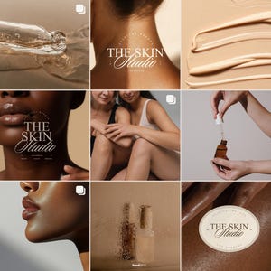 Nine aesthetic luxury medspa-inspired images showing an aesthetic Instagram feed using aesthetic photos with all the logo versions included in the kit to show real life application.