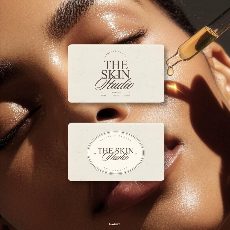 Aesthetic mockup showcasing two premium business cards with two logo variations included on the kit. This image shows real life application and enphasizes elegance and premium branding ready for entrepreneurs seeking instant credibility.