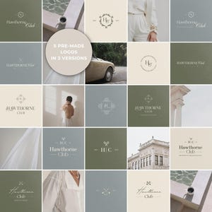 Collage showing all 5 logos included in the kit, each in 3 versions: tagline, no tagline, and icon only. Alternating Old Money aesthetic images in beige, cream, and soft green. Badge reads ‘5 Pre-Made Logos in 3 Versions’ emphasizing variety, flexibility, and ready-to-use design for small businesses.
