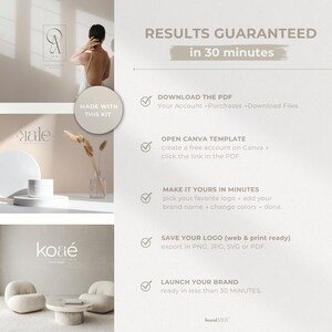 Results guaranteed in 30 minutes. Step-by-step instructions for using the Market Leader Brand Kit: download PDF, open Canva template, customize logo, save in PNG, JPG, SVG, or PDF, and launch your brand in under 30 minutes. Examples of created brands (Photography Studio, Kale Skincare Essentials, Koae Interior Design) included with a badge ‘Logos Made With This Kit’