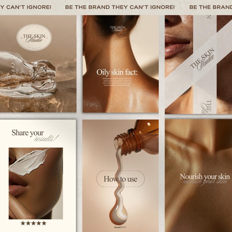 Aesthetic luxury medspa inspired mockup featuring a beige texture background, overlaid with 6 frames showing aesthetic medspa and beauty-inspired beige and brown  photos with all three logo versions included in the kit to show real life application across digital asets (such as for example social media) Premium, bold and aesthetic. Copy reads “Be The Brand They Can’t Ignore!”.