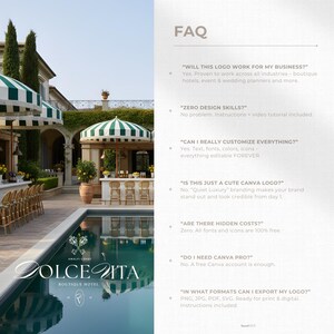 Split-screen layout. One side shows an aesthetic quiet luxury  image with one of the logo variations form the kit integrated.
The other side features FAQs covering Canva Free compatibility, export formats (PNG, JPG, PDF, SVG), customization options, and reassurance that the kit is fully editable forever.