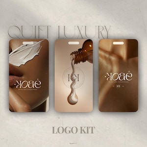 May include: A logo kit design with three vertical cards. The cards feature images of skincare application, a serum pouring, and a person's skin. The text "QUIET LUXURY" and "LOGO KIT" are displayed.
