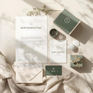 Aesthetic mockup on beige, gray, and green tones featuring letters, boxes, and envelopes styled with logos from the kit. Text clarifies ‘Mockups are for inspiration only, not included. For personal use only.’ Demonstrates potential brand applications and Old Money product presentation in a realistic photo style.