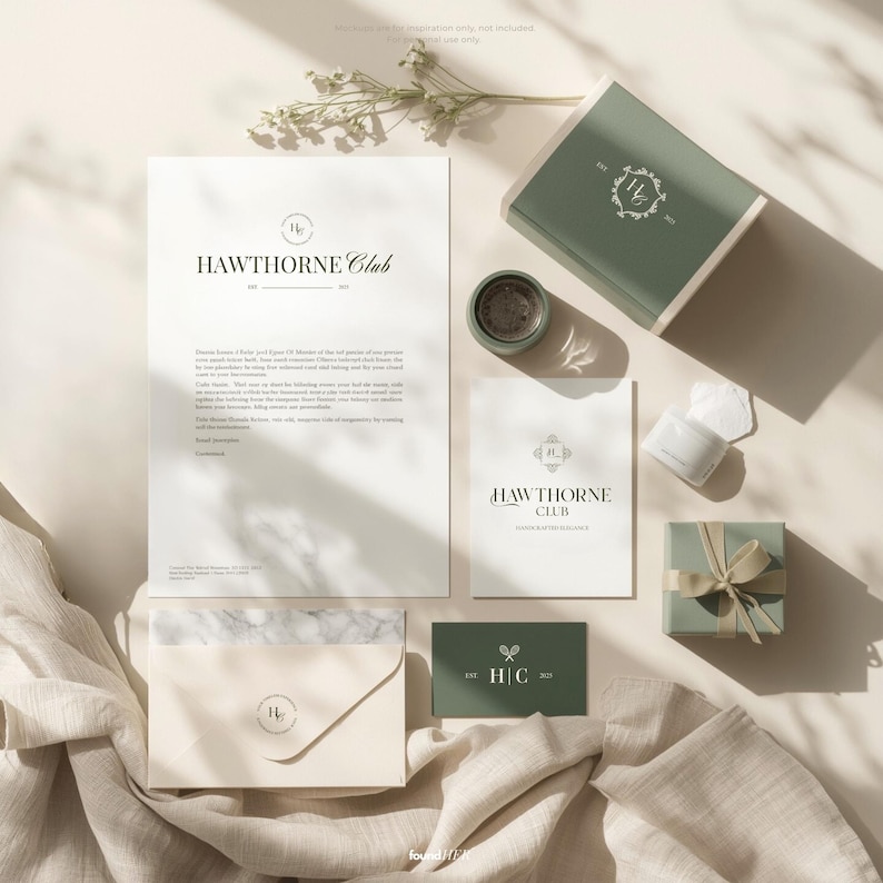 Aesthetic mockup on beige, gray, and green tones featuring letters, boxes, and envelopes styled with logos from the kit. Text clarifies ‘Mockups are for inspiration only, not included. For personal use only.’ Demonstrates potential brand applications and Old Money product presentation in a realistic photo style.