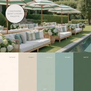 Quiet Luxury inspired composition using the colors form the palette included in the kit. Text overlay highlights “1 matching Quiet Luxury palette included,” indicating the carefully selected cream, beige, light green and green color scheme provided with hex codes for cohesive branding.