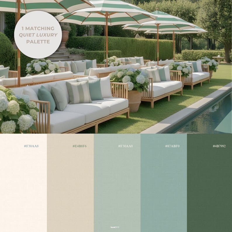 Quiet Luxury inspired composition using the colors form the palette included in the kit. Text overlay highlights “1 matching Quiet Luxury palette included,” indicating the carefully selected cream, beige, light green and green color scheme provided with hex codes for cohesive branding.