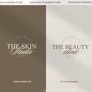 A split-screen page that shows on one side, the original logo included in the kit on a premium brown texure. On the other, the same logo adapted for a luxury medspa business called “The Beauty Clinic”. Demonstrates how easily the kit transitions “From template to your brand.” Copy: “From template to your brand.”