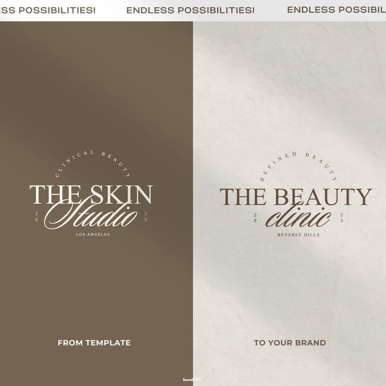 A split-screen page that shows on one side, the original logo included in the kit on a premium brown texure. On the other, the same logo adapted for a luxury medspa business called “The Beauty Clinic”. Demonstrates how easily the kit transitions “From template to your brand.” Copy: “From template to your brand.”