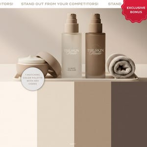 Aesthetic medspa-inspired image using the colors from the palette included in the kit. Text overlay highlights “1 matching color palette with HEX codes,” indicating the carefully selected cream, beige, taupe and brown color scheme provided with hex codes for cohesive branding.