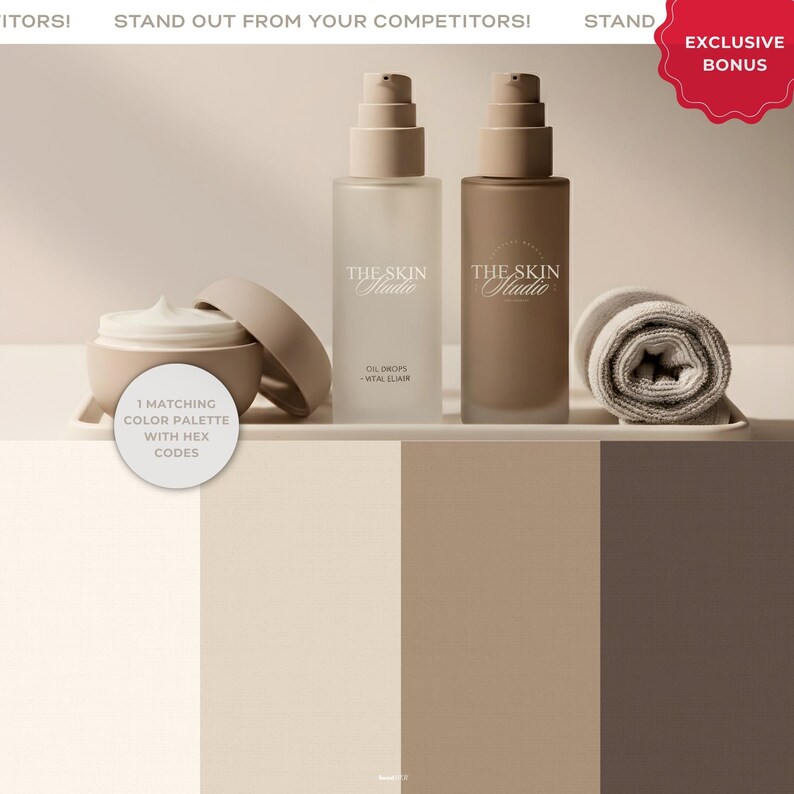 Aesthetic medspa-inspired image using the colors from the palette included in the kit. Text overlay highlights “1 matching color palette with HEX codes,” indicating the carefully selected cream, beige, taupe and brown color scheme provided with hex codes for cohesive branding.
