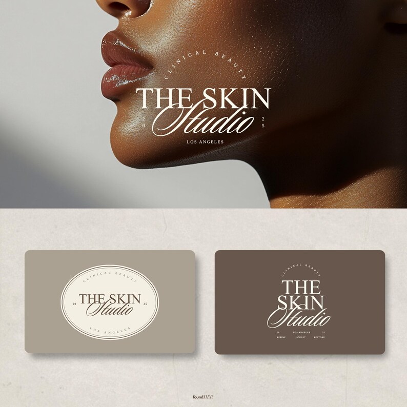 An aesthetic stationery mockup in luxury medspa style. Premium, aesthetic business cards displaying all three logo variations included in the kit seamlessly integrated to highlight how the logos can be applied across physical products.