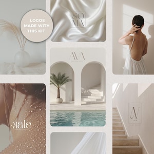 Stylish composition showing brand previews created using logos from the kit, including Ava Boutique Hotel, Kale Skincare Essentials, Soma Home Textiles, and AV Home Decor. Badge reads ‘Logos Made With This Kit’. Demonstrates real-world application, premium style, and immediate inspiration for small business branding.