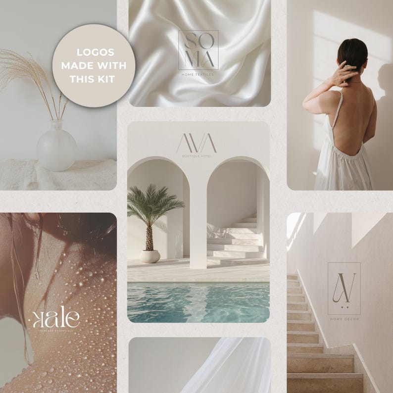 Stylish composition showing brand previews created using logos from the kit, including Ava Boutique Hotel, Kale Skincare Essentials, Soma Home Textiles, and AV Home Decor. Badge reads ‘Logos Made With This Kit’. Demonstrates real-world application, premium style, and immediate inspiration for small business branding.