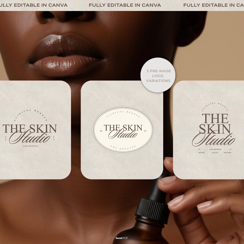 Three pre-made logo variations displayed on an aesthetic beauty inspired image. Includes a Main Logo, Logo with Tagline, and Icon Version. Each design reflects the luxury, bold aesthetic, offering flexibility and refinement. The composition emphasizes elegance and premium branding ready for entrepreneurs seeking instant credibility.
Copy reads: “3 Pre Made Logo Variations”, “Fully Editable In Canva”.