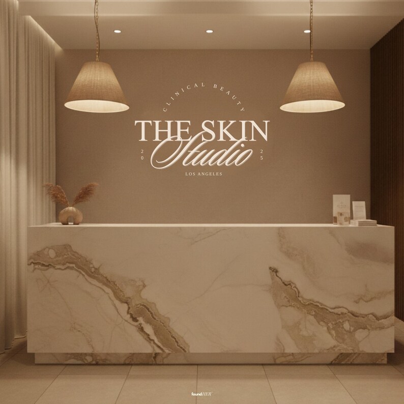 An aesthetic real life clinic mockup in aesthetic, exclusive vibes. Premium, aesthetic entrance displaying one of the logo variations included logo seamlessly integrated to highlight how the logo can be applied across physical assets.