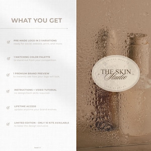 Split-screen showcasing the “What You Get” section: 3 logo variations, instructions + tutorial, 1 matching palette, 1 brand preview, lifetime access, and exclusive design. On the other side, an aesthetic medspa inspired mage showcasing one logo variation from the kit.