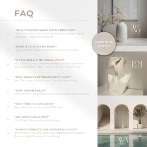 FAQ section answering common questions: works for any business, no design skills needed, logos editable forever, Quiet Luxury branding for premium credibility, full customization, no hidden costs, free Canva account, and multiple export formats (PNG, JPG, PDF, SVG). Includes examples of brands created with the kit and badge ‘Made With This Kit’.