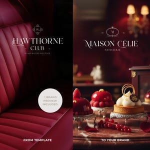 A split-screen brand preview page. On one side, the included brand preview featuring the logo in an old money layout; on the other, the same logo adapted for a french luxury bakery. Demonstrates how easily the kit transitions “From template to your brand.” Copy: “1 brand preview included.